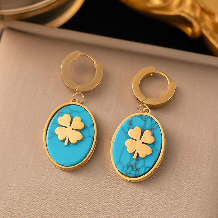 Wholesale Ethnic Style Four Leaf Clover Oval Titanium Steel Gold Plated Turquoise Earrings Necklace