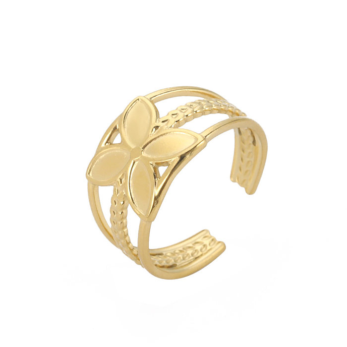 Namoradas mesmo presente elegante 18k banhado a ouro real não desbotamento corda de fio de flor de quatro pétalas aberto anel de aço inoxidável