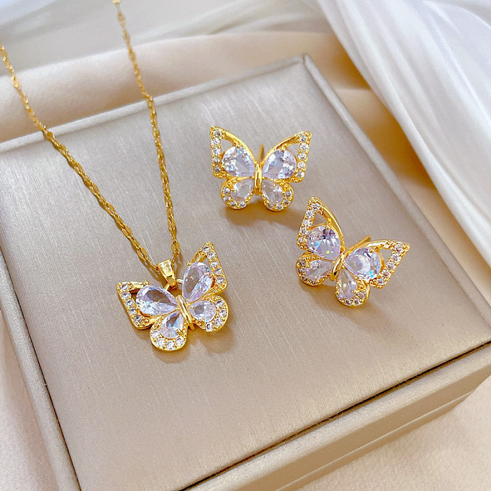 Lady Butterfly Titanium Steel Plating Inlay Zircon Earrings Necklace