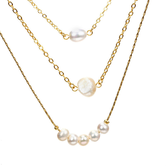 Modische dreilagige Perlenpullover-Kette, vergoldete Halskette im Großhandel