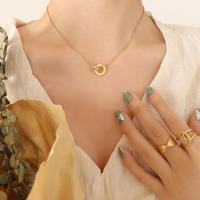 Colar de brincos de anel duplo de diamante romano fashion conjunto de joias de aço titânio
