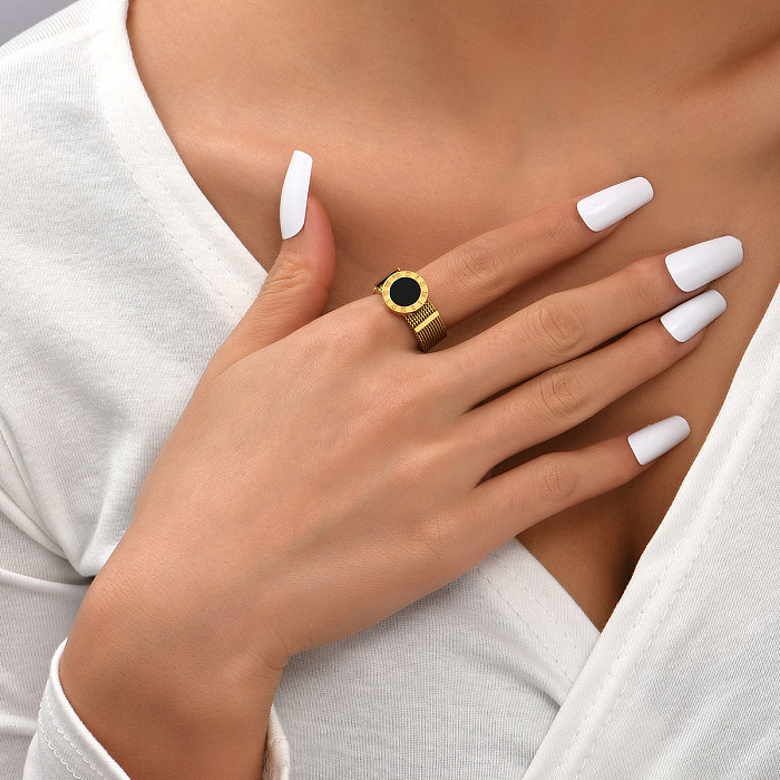 Titan Stahl Fashion Gold Simple Mesh Strap Römische Ziffer Black Shell Ring