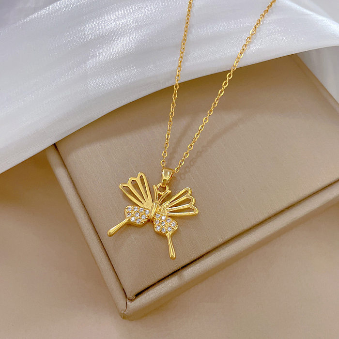 Elegant Artistic Butterfly Titanium Steel Copper Artificial Gemstones Pendant Necklace In Bulk