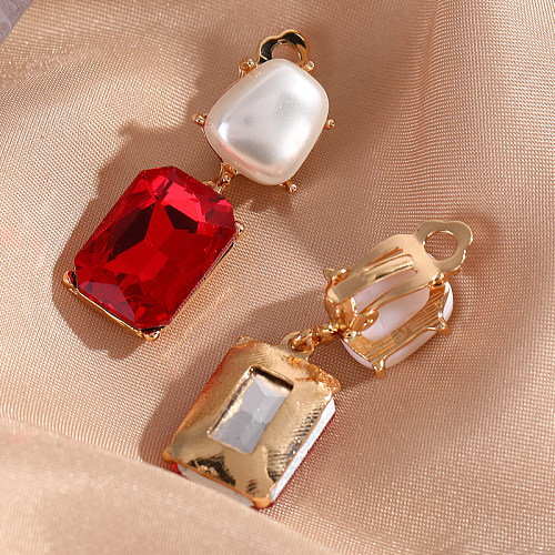 1 Pair Elegant Classical Square Copper Plating Inlay Artificial Gemstones Gold Plated Ear Clips