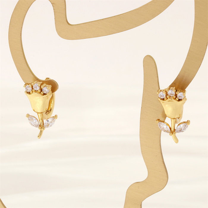1 paire de clous d'oreilles plaqués or 18 carats, Style IG Simple, en forme de cœur, incrustation de placage Rose en cuivre et Zircon