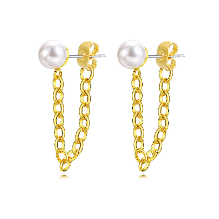 1 par de pendientes colgantes chapados en oro y perlas de latón con incrustaciones redondas de estilo simple