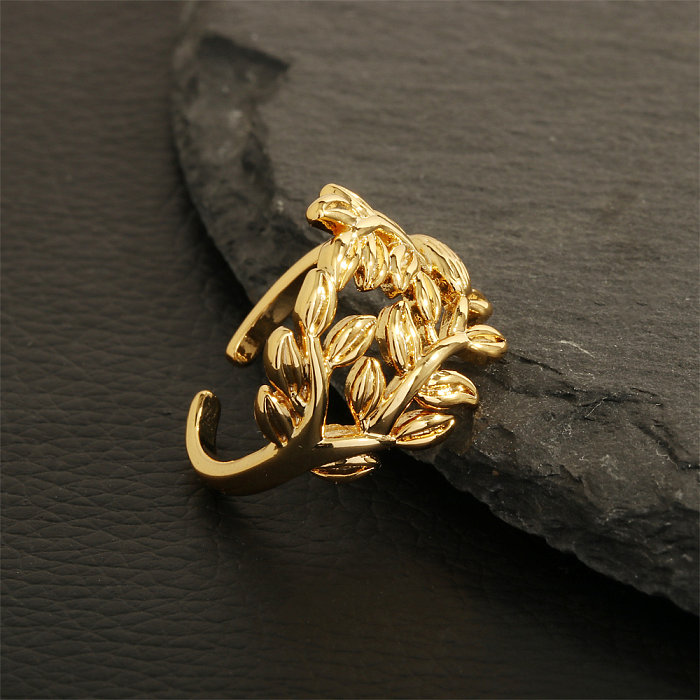 Hip-Hop Vintage Style Leaves Anchor Copper Plating 18K Gold Plated Open Rings