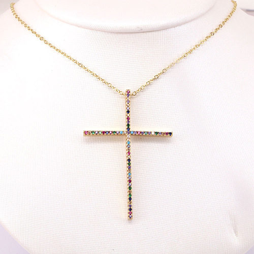 Hip Hop Style Cross Copper Inlaid Color Zircon Pendant Necklace