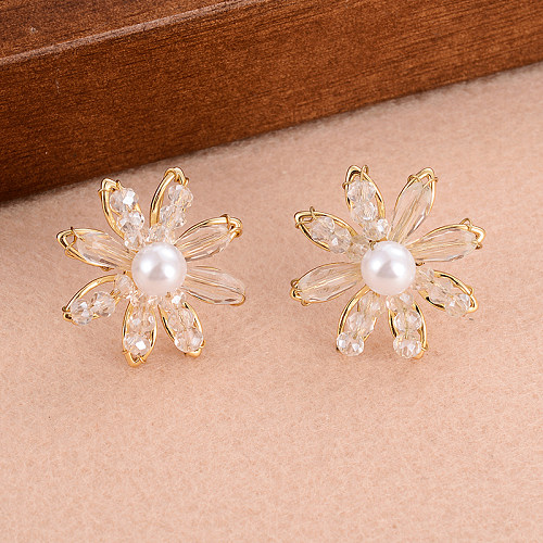1 Pair Simple Style Snowflake Plating Inlay Copper Crystal Pearl 14K Gold Plated Ear Studs
