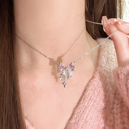 Sweet Bow Knot Copper Plating Inlay Zircon Pendant Necklace