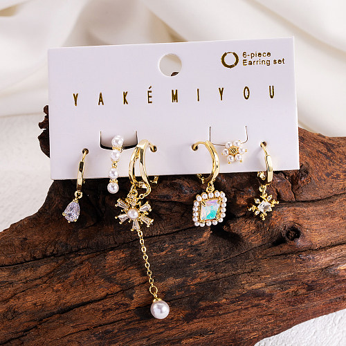 Yakemiyou Heart Shape Arrow Snowflake Imitation Pearl Copper Asymmetrical Chain Zircon 14K Gold Plated Earrings
