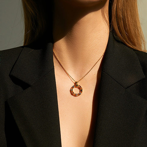 Lady Circle Copper Plating Inlay Zircon Pendant Necklace