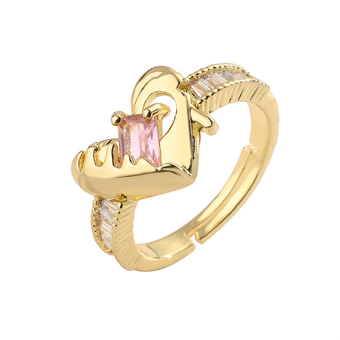 Luxurious Bear Heart Shape Copper Plating Inlay Zircon Gold Plated Open Rings