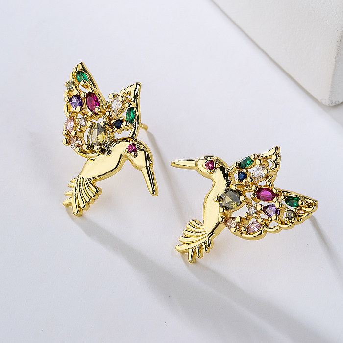 Fashion Spider Bird Copper Gold Plated Zircon Ear Studs 1 Pair