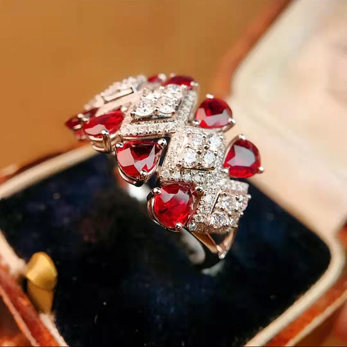 Luxurious Water Droplets Rhombus Copper Artificial Gemstones Open Ring In Bulk