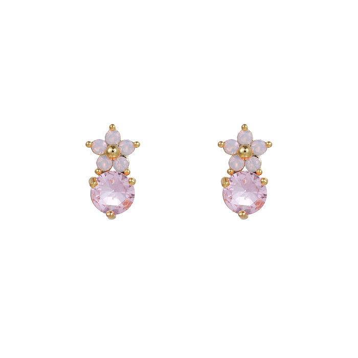 Simple Style Flower Brass Ear Studs Inlay Artificial Gemstones Copper Earrings