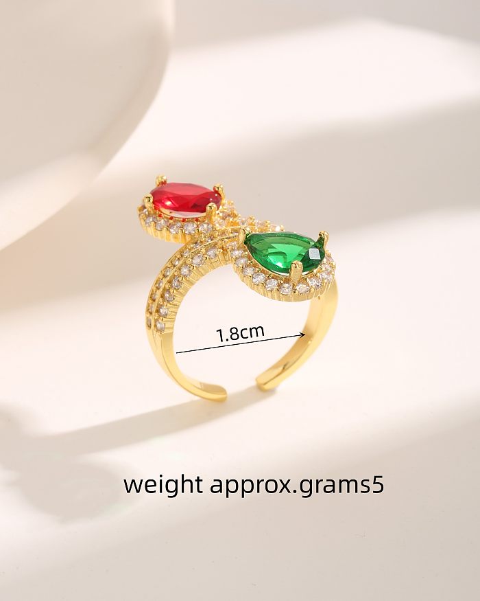Vintage Style Luxurious Commute Oval Water Droplets Copper Asymmetrical Plating Inlay Zircon 18K Gold Plated Open Rings
