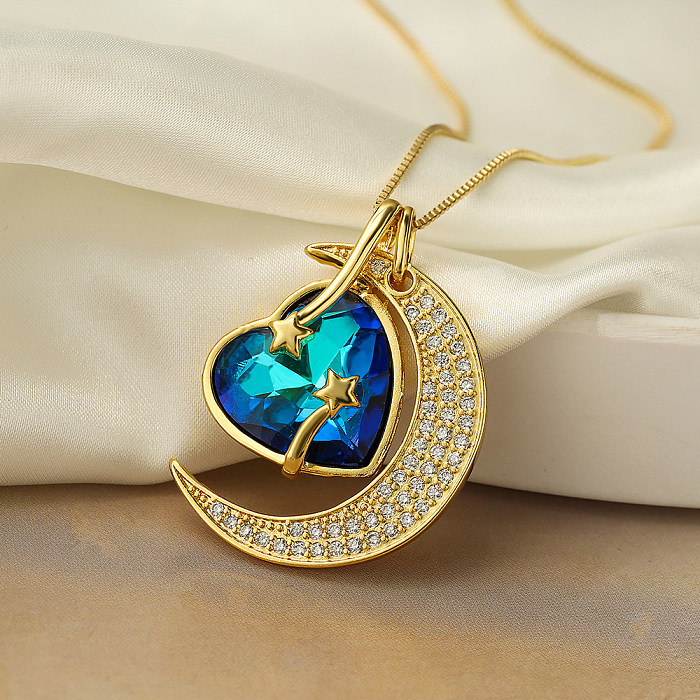Elegant Moon Heart Shape Copper Plating Inlay Zircon 18K Gold Plated Pendant Necklace