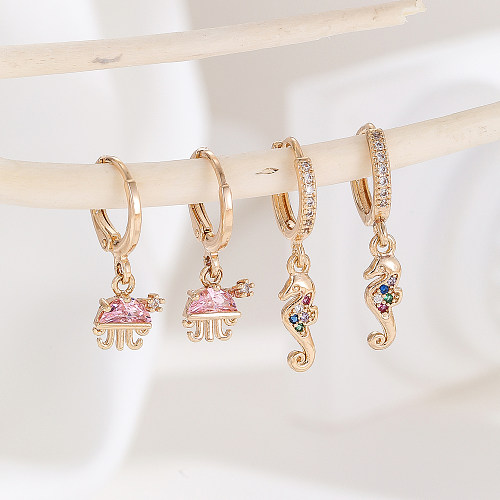 2 Pairs Simple Style Hippocampus Plating Inlay Copper Zircon Gold Plated Drop Earrings