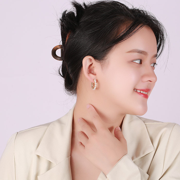 Retro U Shape Pearl Copper Plating Hoop Earrings 1 Pair