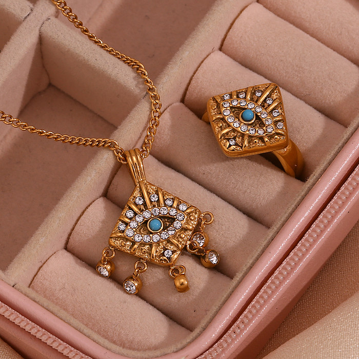 Vintage Style Ethnic Style Classic Style Eye Rhombus Stainless Steel Plating Inlay Turquoise Rhinestones 18K Gold Plated Rings Necklace