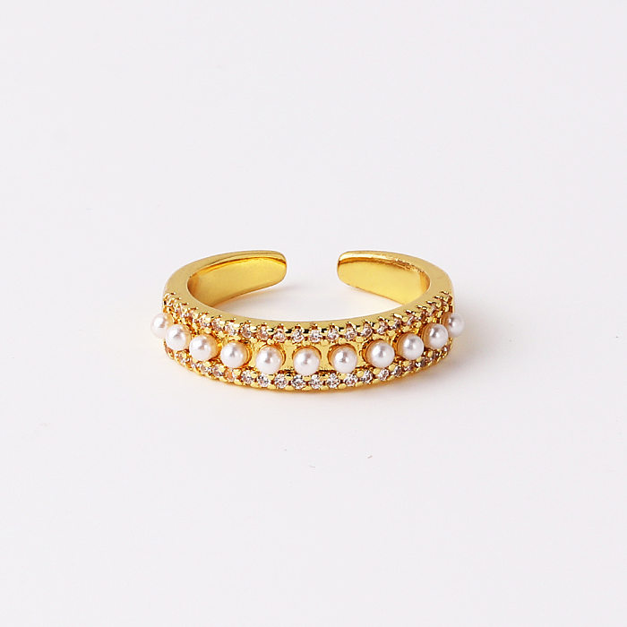 Anillos abiertos chapados en oro con circonita perla con incrustaciones de cobre en forma de corazón circular de estilo vintage elegante
