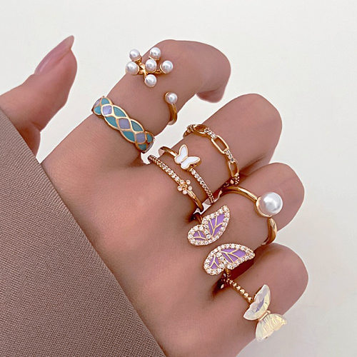 IG Style Basic Geometric Butterfly Copper Plating Inlay Zircon 14K Gold Plated Open Rings