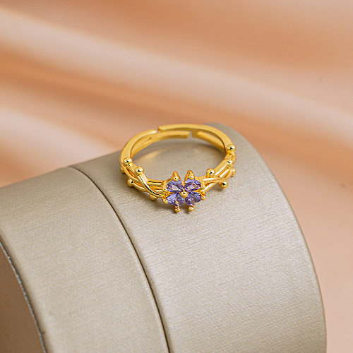 Anillo abierto de piedras preciosas artificiales con incrustaciones de cobre y flores de estilo francés elegante para dama