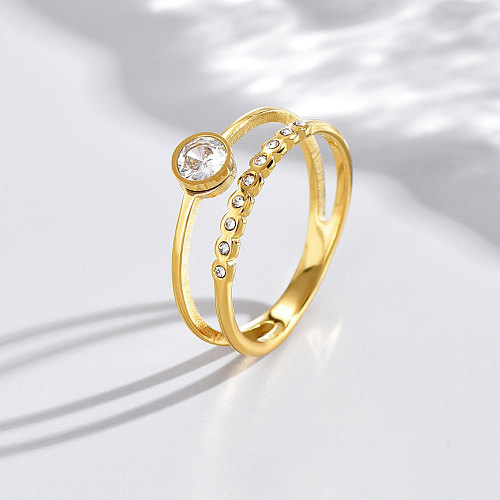 Simple Style Round Stainless Steel Hollow Out Inlay Artificial Diamond Rings 1 Piece