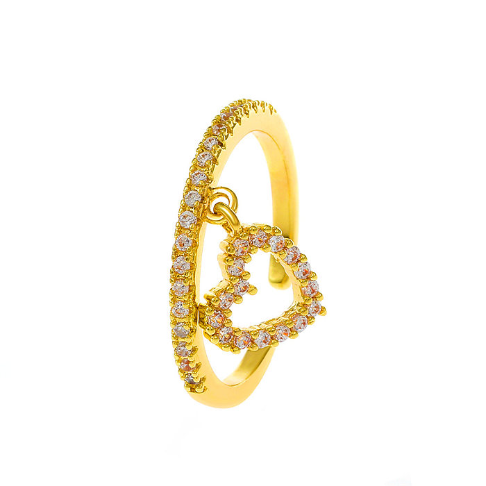 Incrustaciones de anillos de diamantes de imitación de cobre con corazón a la moda para mujer
