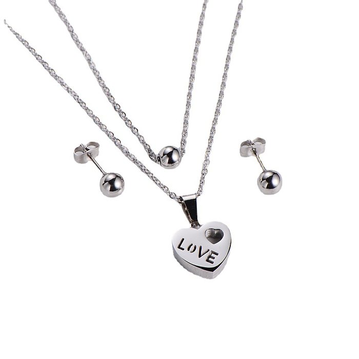 Wholesale Jewelry Round Bead Heart-shaped Pendant Titanium Steel Necklace Earrings Set jewelry