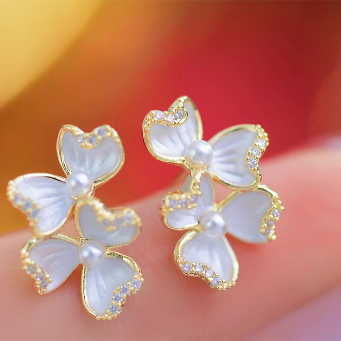 1 Pair Simple Style Shamrock Plating Inlay Copper Zircon 14K Gold Plated Ear Studs