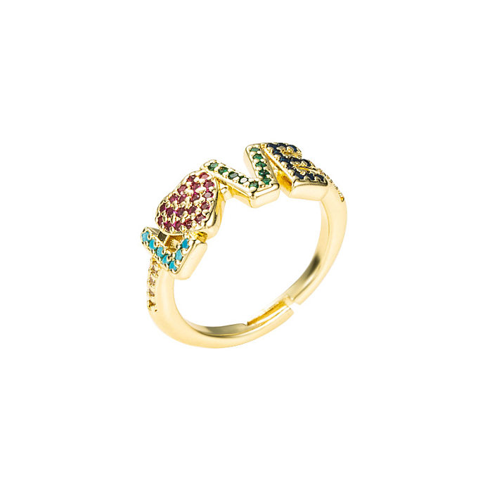 Moda carta amor coroa cobre puro micro-incrustado anel de zircão colorido