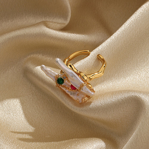Comute anéis abertos geométricos banhados a ouro da pérola 18K do embutimento do chapeamento de cobre