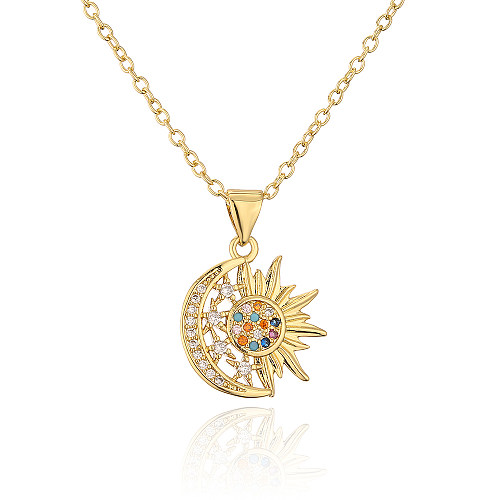 Fashion Copper 18K Gold Zircon Sun Moon Star Shaped Pendant Necklace
