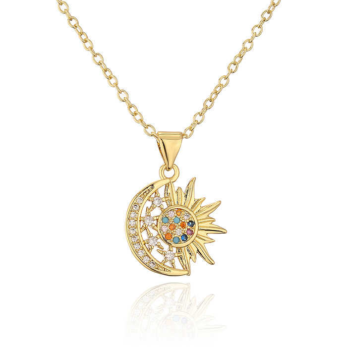 Collier pendentif en forme d'étoile en forme d'étoile de soleil et de lune avec zircon en or 18 carats