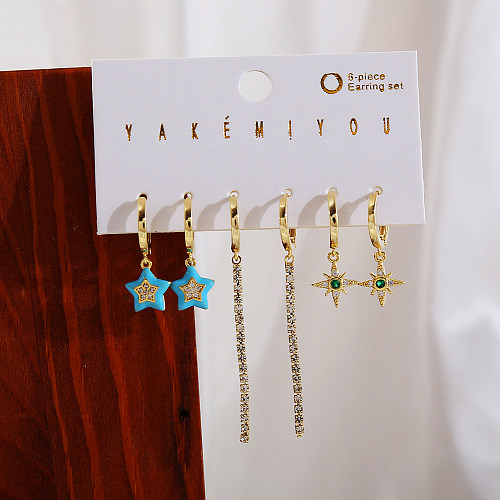 Sweet Simple Style Star Moon Copper Plating Inlay Zircon 14K Gold Plated Drop Earrings Earrings