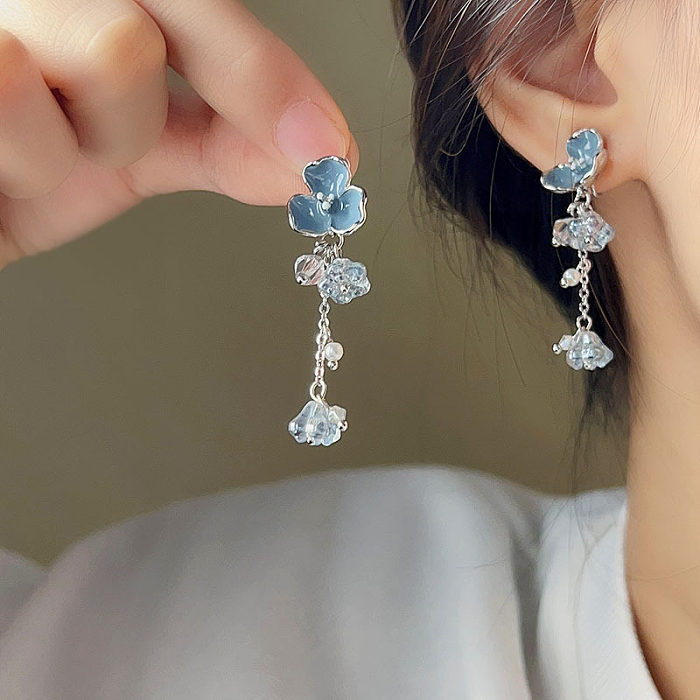 1 Pair Elegant Flower Plating Artificial Crystal Copper Silver Plated Drop Earrings