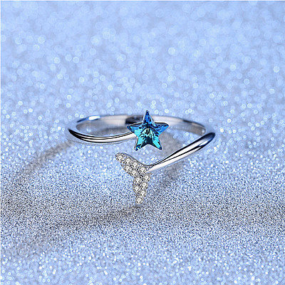 Moda estrela peixe cauda cobre chapeamento incrustado anel aberto de cristal 1 peça