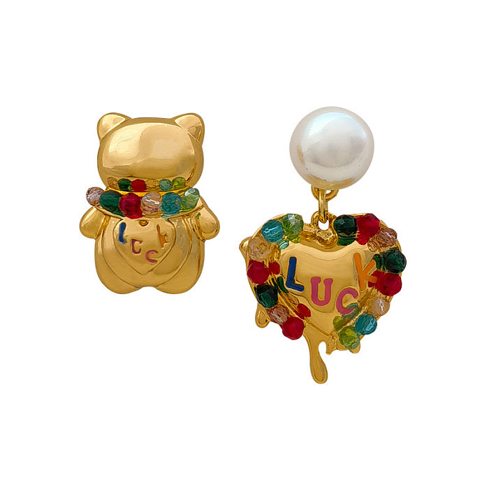 1 Paar modische Bären-Ohrringe mit Kupfer-Inlay und Strasssteinen