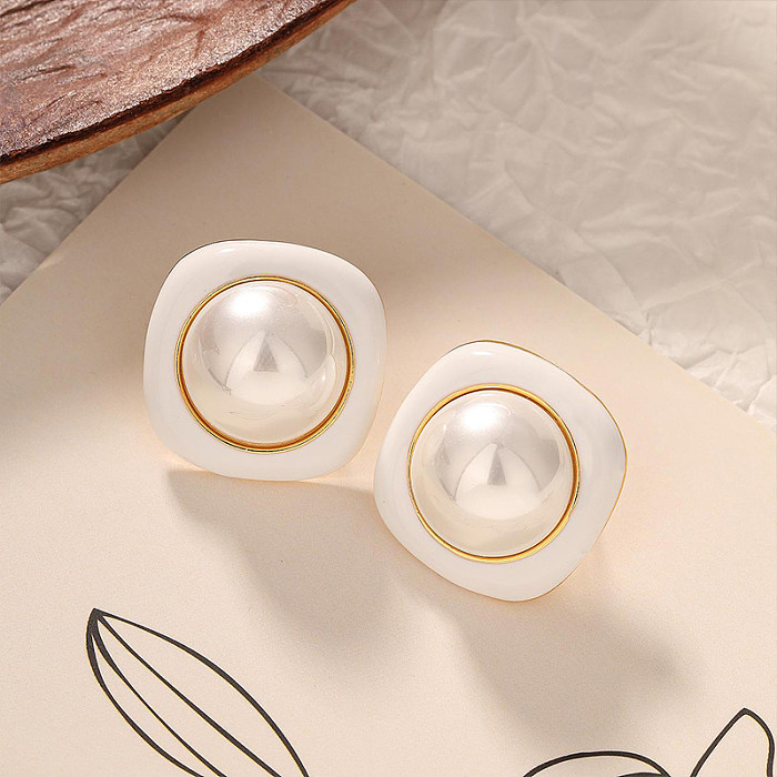 1 Pair Retro Commute Round Epoxy Stoving Varnish Inlay Copper Pearl Ear Studs