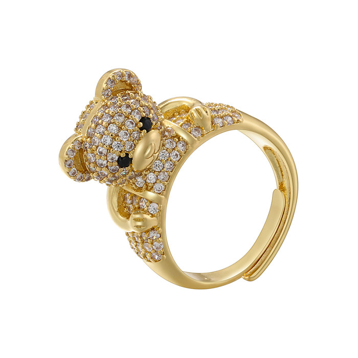 Casual bonito estilo simples tartaruga urso forma de coração revestimento de cobre incrustação zircão banhado a ouro 18K anéis abertos