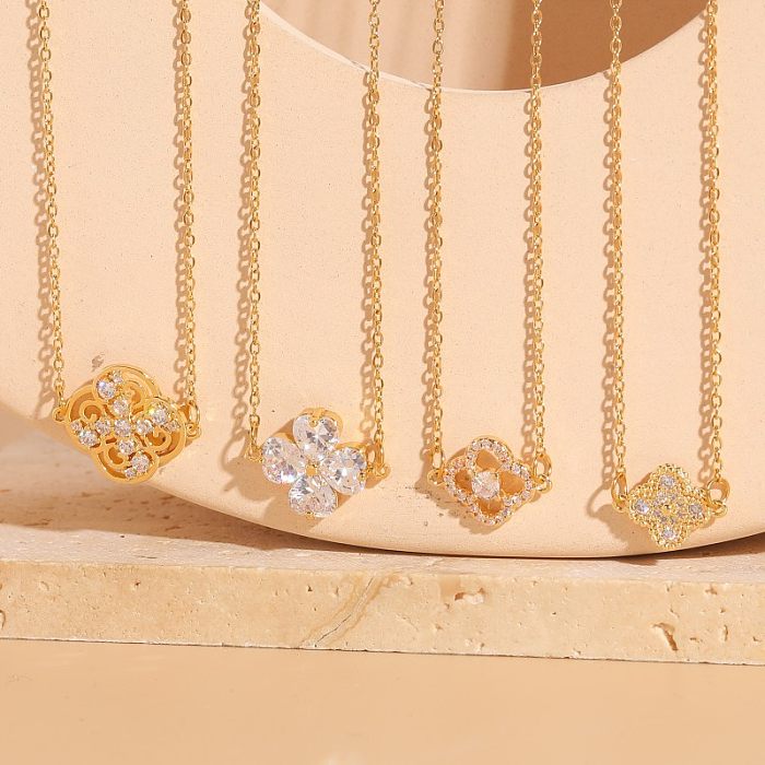 Casual Vacation Modern Style Four Leaf Clover Copper 14K Gold Plated Zircon Pendant Necklace In Bulk