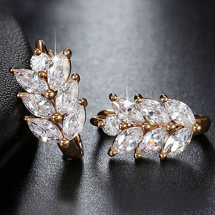 Fashion Leaf Copper Earrings Inlaid Zircon Artificial Gemstones Copper Earrings