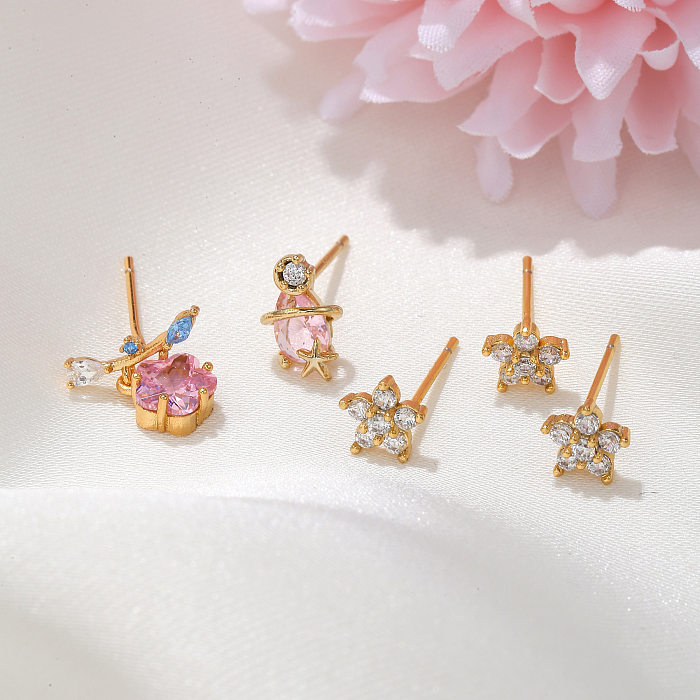 Fashion Flower Brass Ear Studs Zircon Copper Earrings