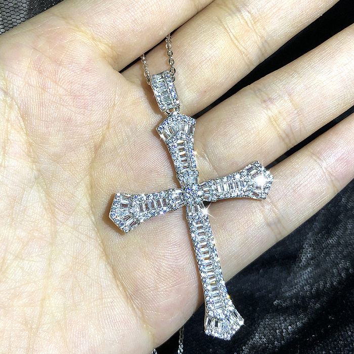 Retro Cross White Copper Inlay Zircon Pendant Necklace
