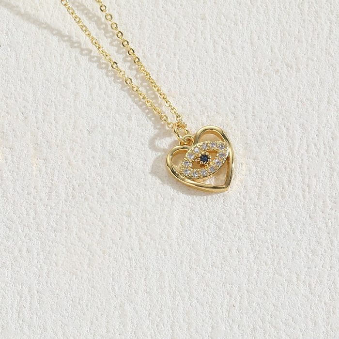 Elegant Luxurious Classic Style Devil'S Eye Heart Shape Smiley Face Copper Plating Inlay Zircon 14K Gold Plated Pendant Necklace