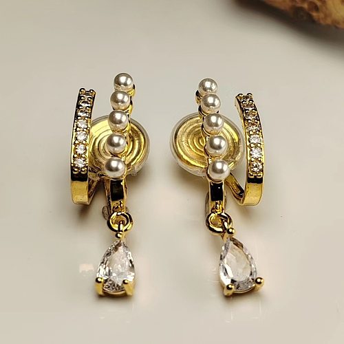 1 par de pendientes colgantes de circonita con perlas artificiales de cobre con incrustaciones geométricas de estilo Simple
