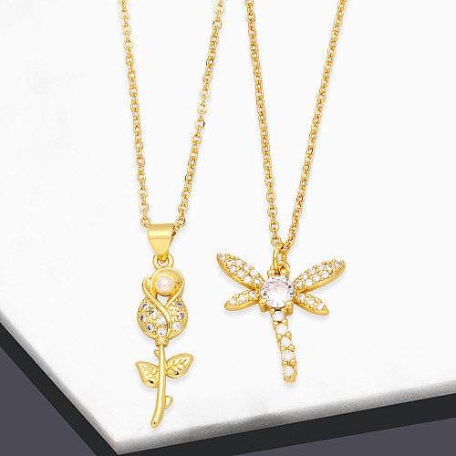 Elegant Flower Dragonfly Copper Gold Plated Artificial Pearls Zircon Pendant Necklace 1 Piece