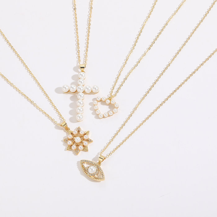 1 Piece Fashion Cross Devil'S Eye Heart Shape Copper Plating Inlay Artificial Pearls Zircon Pendant Necklace